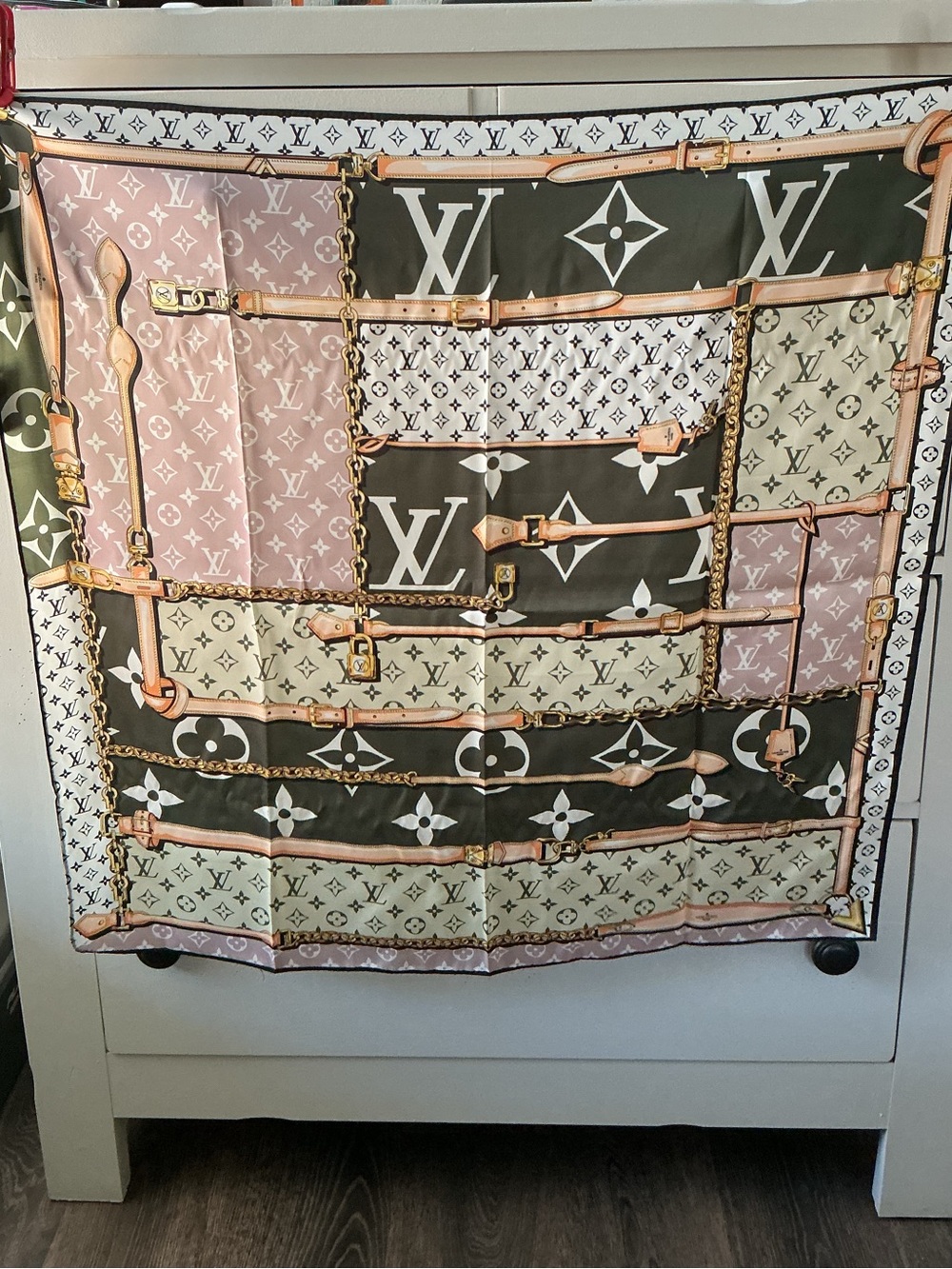 Designer Inspired Monogram Scarf Wrap Pink Olive Belt Print 34”